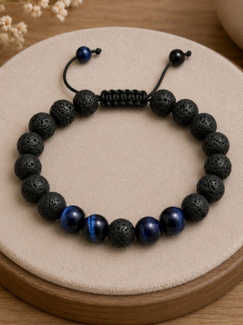 Men's Black Lava Stone & Blue Bead Adjustable Bracelet